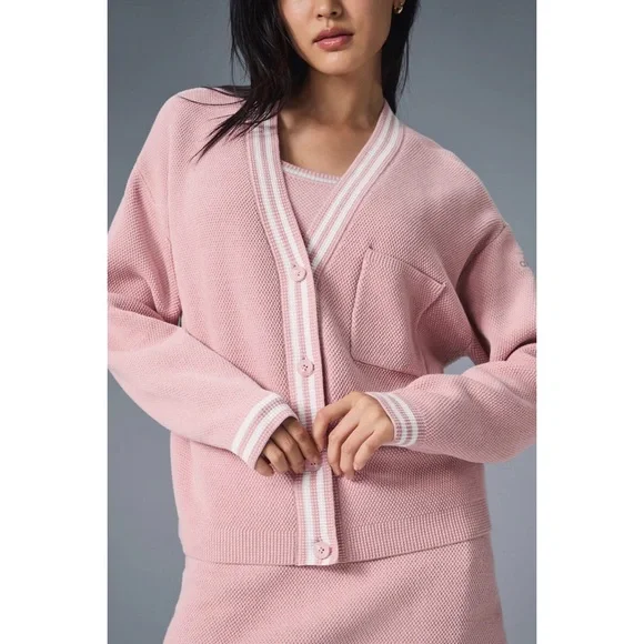 Alo Yoga Tennis Club Sweater Knit Cardigan Ballet Pink/White XS